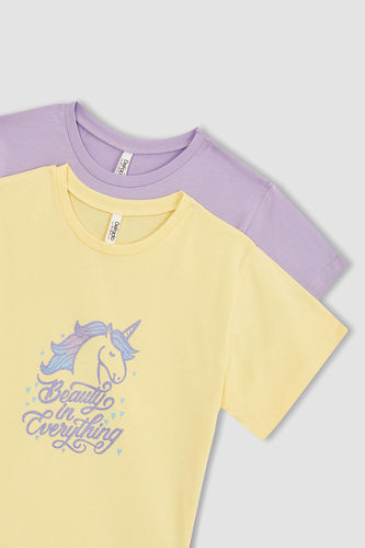 Kız Çocuk Regular Fit Unicorn Baskılı Pamuklu Kısa Kollu 2'li Tişört