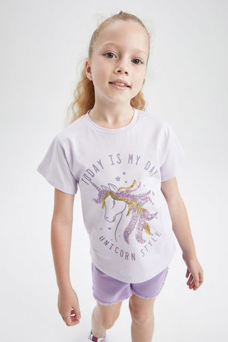 Girl Regular Fit Crew Neck Short Sleeve Unicorn Print T-Shirt
