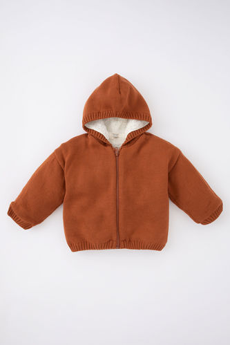 Baby Boy Hooded Plush Lined Knitwear Cardigan
