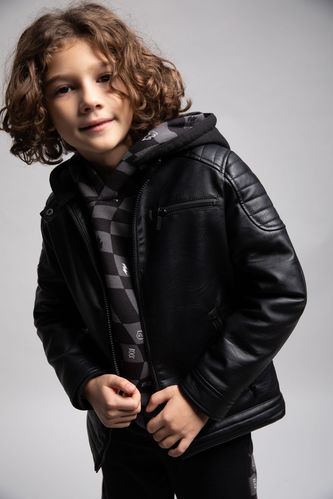 Boy Waterproof Removable Hooded Faux Leather Jacket