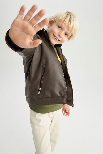 Boy Waterproof Removable Hooded Faux Leather Jacket