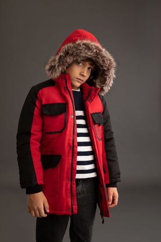 Boy Fleece Lined Hooded Faux Fur Detailed Jacket