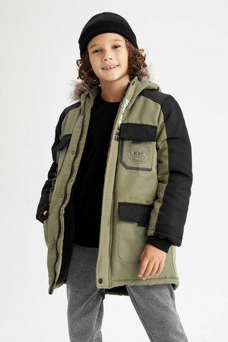 Boy Fleece Lined Hooded Faux Fur Detailed Jacket
