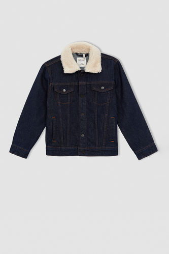 Erkek Çocuk Suni Kürk Yakalı Kışlık Jean Ceket