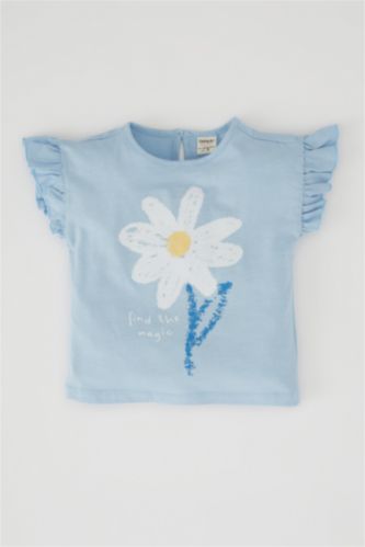 Baby Girl Light Blue Short Sleeve Frill Detail Daisy Print T-Shirt