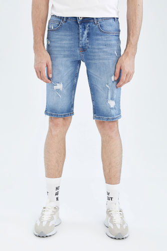 Slim Fit Distressed Midi Jean Shorts