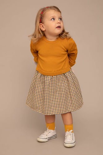 Kız Bebek Kareli Uzun Kollu Triko Elbise
