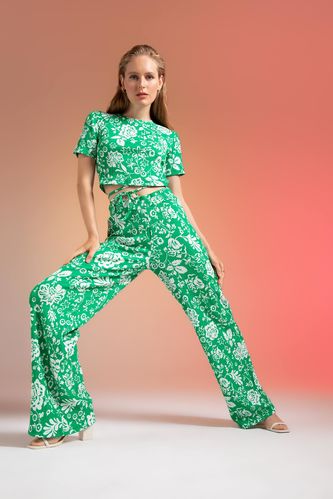 Regular Fit Floral Patterned Wide Leg Trousers