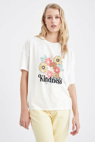 Oversized Short Sleeve Floral & Slogan Print T-Shirt