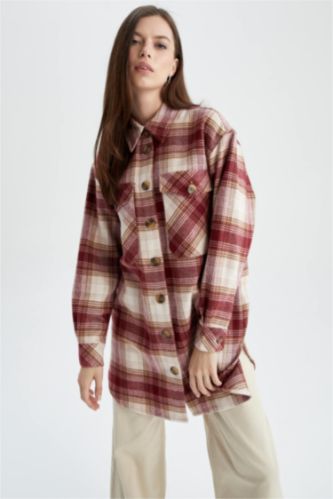 FEMME Bordeaux Tunique à manches longues en flanelle à carreaux coupe classique