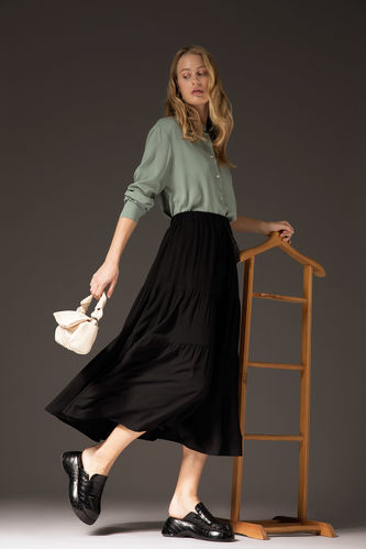 A-Line Elastic Waist Ruffle Maxi Skirt