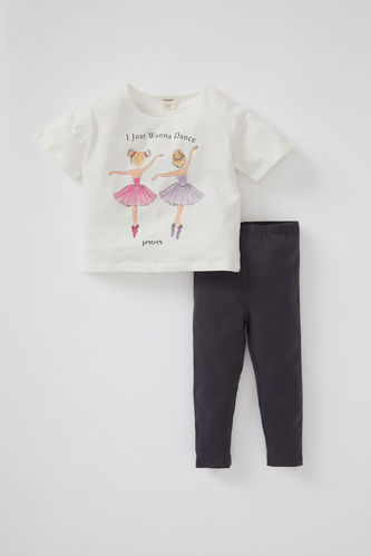 Kız Bebek Basklı Kısa Kollu Tişört Tayt 2'li Takım