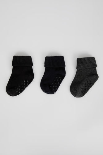 Erkek Bebek Kaydırmaz Tabanlı Pamuklu 3'lü Uzun Çorap