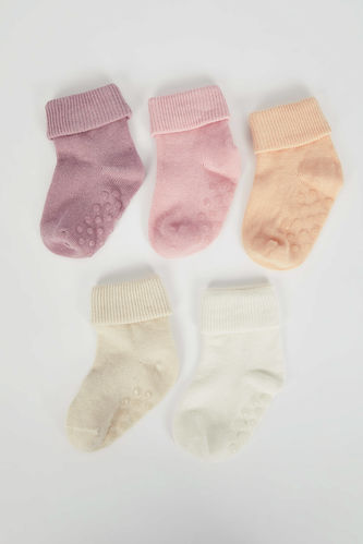 Kız Bebek Pamuklu Kaydırmaz Tabanlı 5'li Uzun Çorap