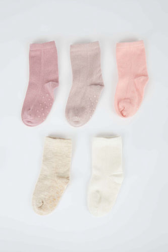 Kız Bebek Pamuklu 5'li Uzun Kaydırmaz Tabanlı Çorap
