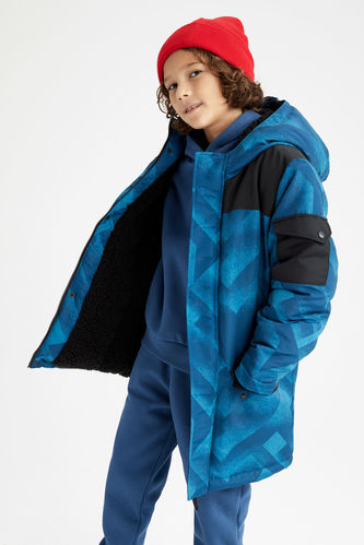 Boy Plush Lining Hooded Long Jacket