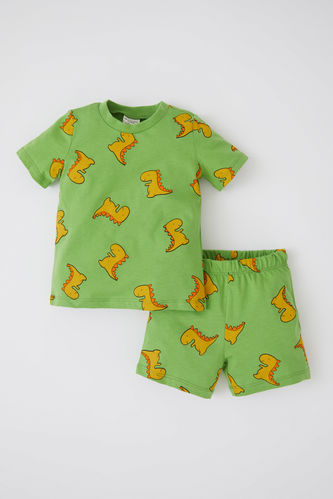 Erkek Bebek Regular Fit Dinozor Baskılı Pamuklu Kısa Kollu Şort Pijama Takım