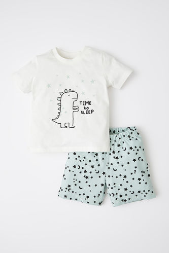 Erkek Bebek Regular Fit Pamuklu Dinozor Baskılı Kısa Kollu Şort Pijama Takım
