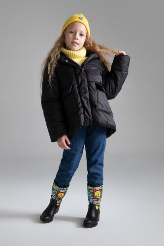Kız Çocuk Polar Astarlı Kapüşonlu Puffer Şişme Mont