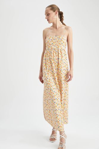 A Cut Square Collar Floral Poplin Sleeveless Maxi Short Sleeve Woven Dress