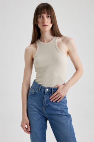 FEMME Beige Débardeur Caraco Côtelé Coupe Slim À Col Licou