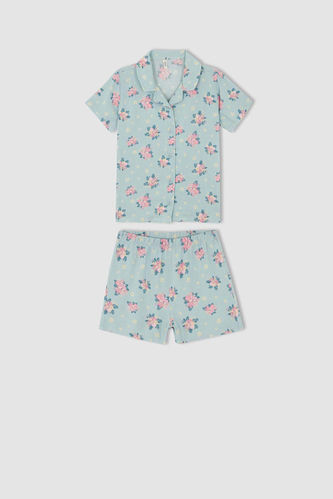Kız Çocuk Regular Fit Desenli Pijama Yaka Kısa Kollu Pijama Takım