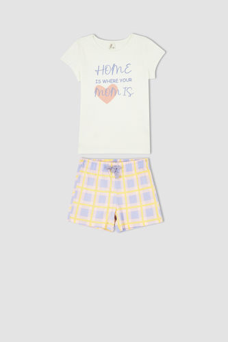 Kız Çocuk Regular Fit Slogan Baskılı Pamuklu Kısa Kollu Şort Pijama Takım
