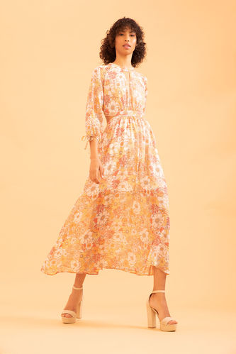 A Cut Long Sleeve Floral Print Maxi Dress