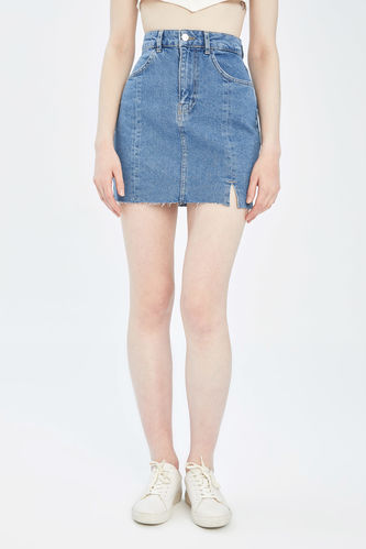 Slim Fit Yırtmaç Detaylı Mini Jean %100 Pamuk Etek