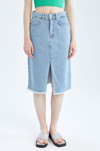 Slim Long Fit Split Midi Jean Skirt