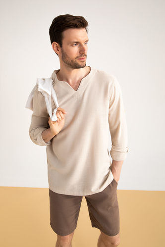 Regular Fit V Neck Long Sleeve Cotton Shirt