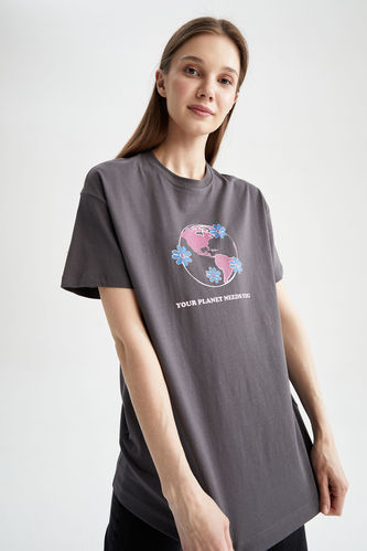 T-shirt tunique en coton à manches courtes et col rond à motifs floraux coupe oversize
