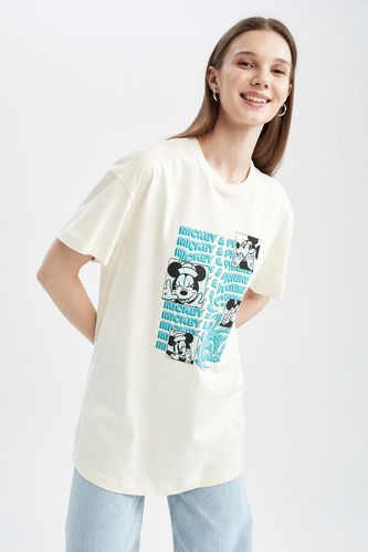 Ecru Damen Oversize Fit Mickey&Minnie Lizenziertes T-Shirt aus
