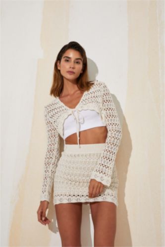 FEMME Écru Mini-Jupe Ajustée En Tricot Ajouré