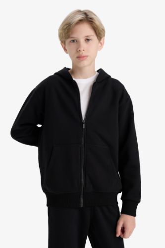 Erkek Çocuk Kapüşonlu Basic Düz Okul Fermuarlı Sweatshirt