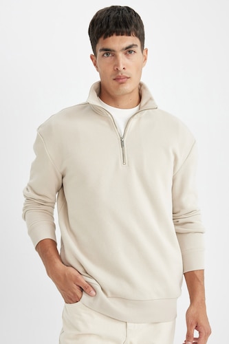 Erkek Taş Regular Fit Yarım Fermuarlı Basic Sweatshirt