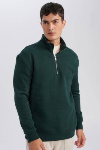Comfort Regular Fit Rahat Kalıp Fermuarlı Dik Yaka Basic Düz Sweatshirt