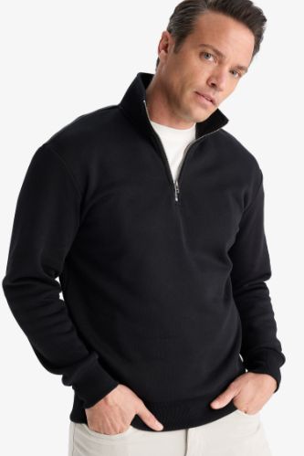 Regular Fit Dik Yaka Yarım Fermuarlı İçi Yumuşak Tüylü Basic Düz Sweatshirt