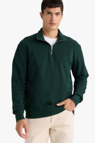 Regular Fit Dik Yaka Yarım Fermuarlı Basic Düz Sweatshirt