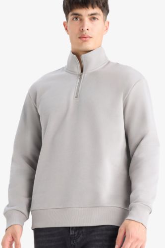 Regular Fit Dik Yaka Yarım Fermuarlı İçi Yumuşak Tüylü Basic Düz Sweatshirt