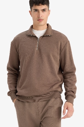 Regular Fit Dik Yaka Yarım Fermuarlı İçi Yumuşak Tüylü Basic Düz Sweatshirt