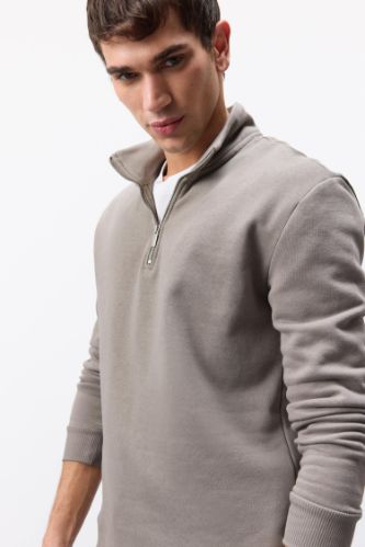 Comfort Regular Fit Rahat Kalıp Fermuarlı Dik Yaka Basic Düz Sweatshirt