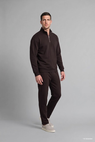 Erkek Kahve Regular Fit Yarım Fermuarlı Basic Sweatshirt