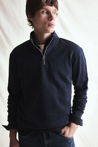 MESHKUJ NAVY Regular Fit Stand Collar Half-Zip Basic Sweatshirt