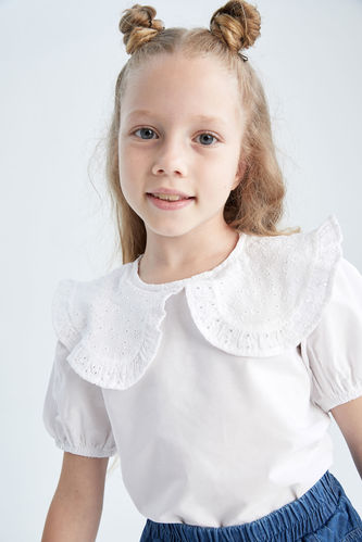 Kız Çocuk Regular Fit Geniş Yaka Kısa Kollu Pamuklu Bluz