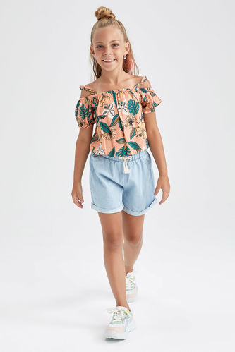 Girl Strappy Short Sleeve Tropical Printed Blouse