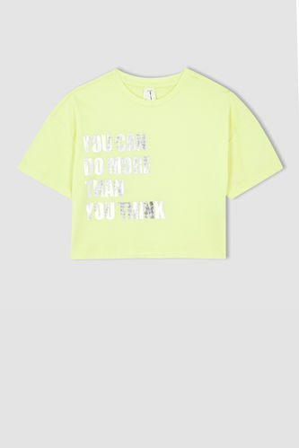 Girl Regular Fit Short Sleeve Slogan Print Crop T-Shirt