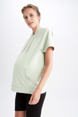 Regular Fit Hooded Kangaroo Pocket Short Sleeve Maternity T-Shirt