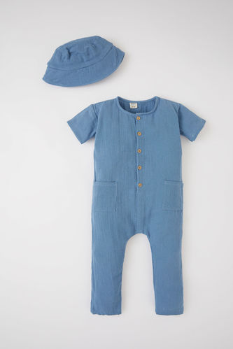 Erkek Bebek Kısa Kollu Uzun Tulum Şapka 2'li Takım