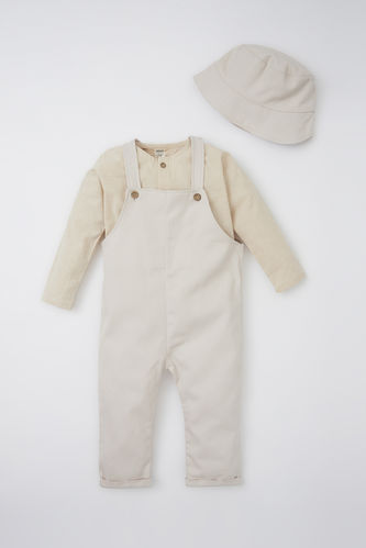 Erkek Bebek Uzun Kollu Tişört Askılı Tulum Şapka Takım